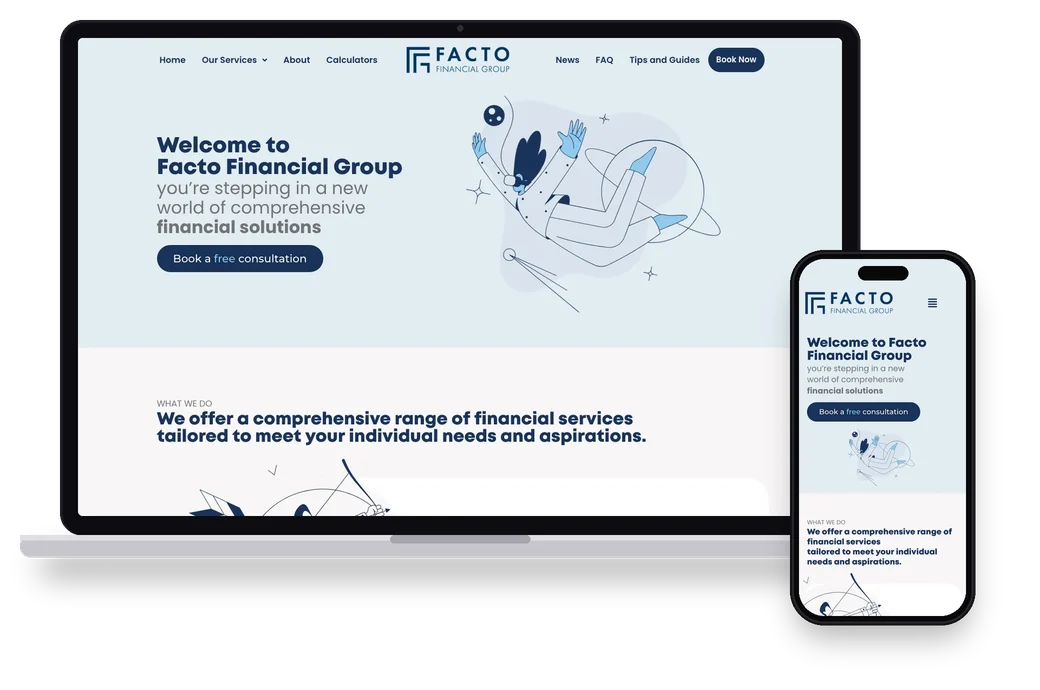 Site da Facto Financial Group aberto no notebook e no celular