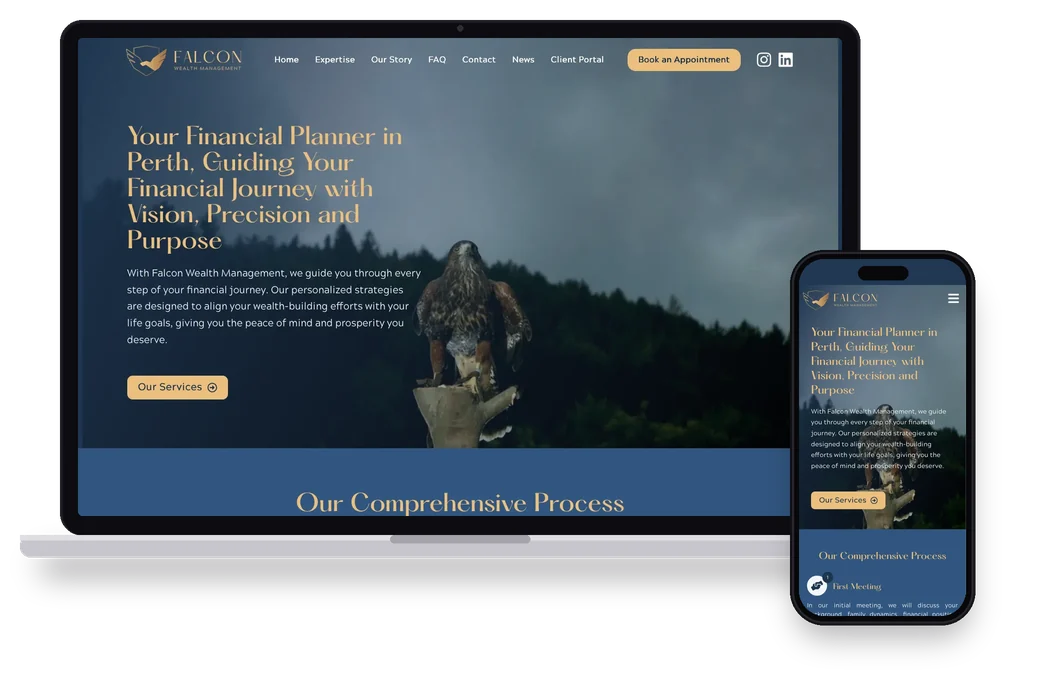 Site da Falcon Wealth Management aberto no notebook e no celular