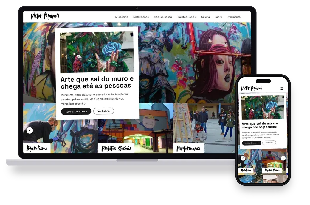 Site da Victor Mainoi aberto no notebook e no celular