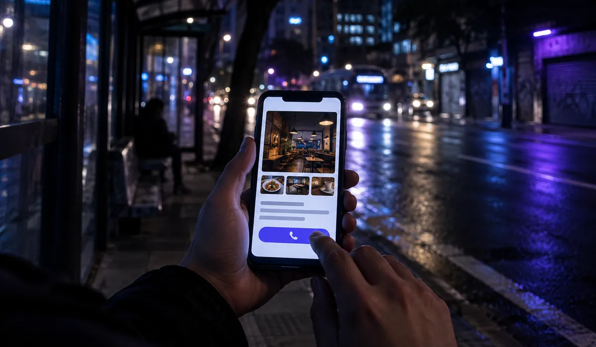 Pessoa num ponto de ônibus à noite com o site de um negócio já aberto no celular