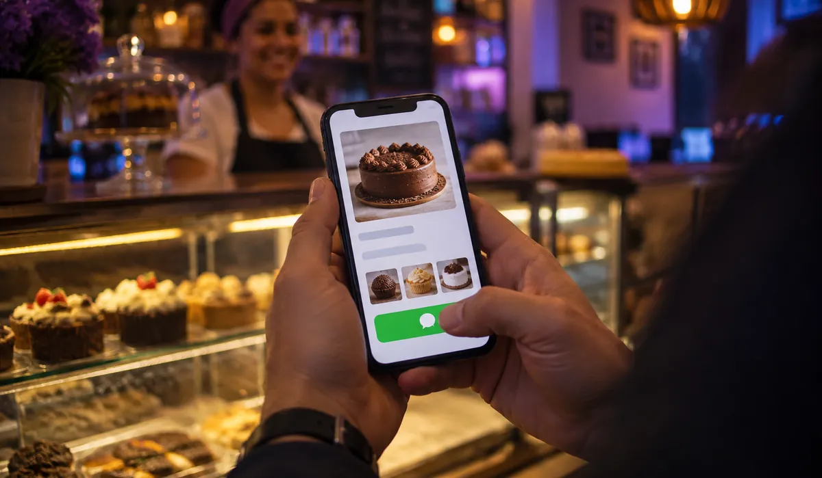 Cliente no balcão de uma confeitaria vendo no celular a página do negócio, com o botão de conversa em destaque