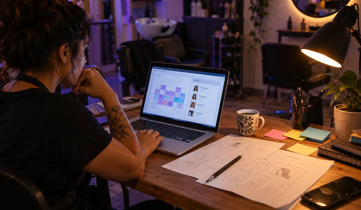 Dona de um salão de beleza revisando no notebook o site com agenda, ao lado de rascunhos do layout